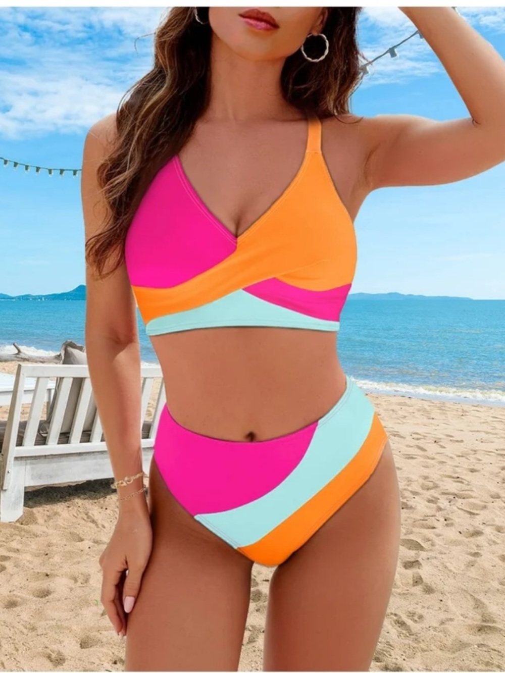 Women's Colorblock High-Waisted Bikini Set - Pink & Orange